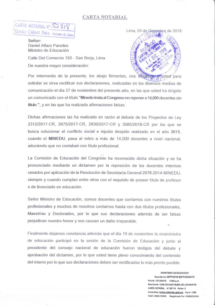 Carta Notarial a Ministro de educación Daniel Alfaro